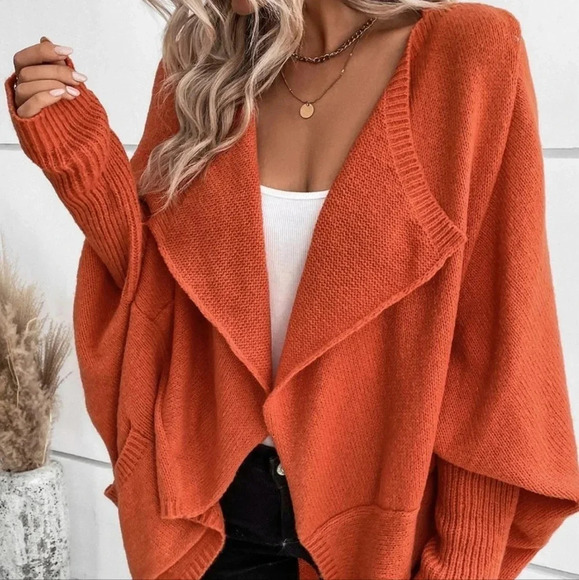 . Sweaters - Burnt Orange Boho Womens Waterfall Collar Batwing Sleeve Cardigan